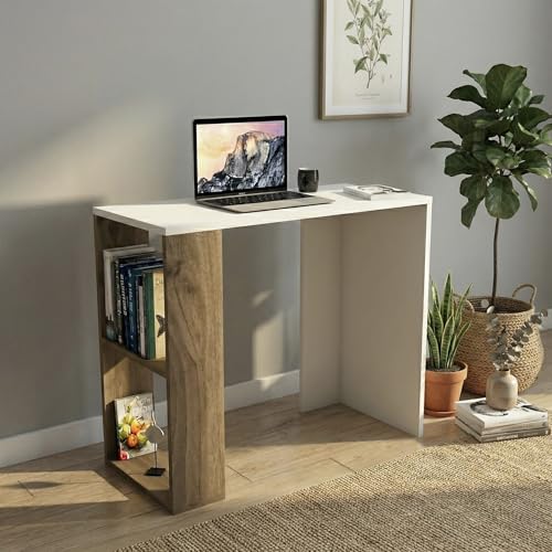 Image of Strata Compact Computer Desk with Built-in 2-Tier Bookshelf, Space-Saving Modern Study Table & Workstation for Home Office, 90x50x80cm (White & Walnut)