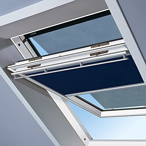 Original VELUX Vorteils-Set ( Verdunkelungs-Rollo + Hitzeschutz-Markise ) für GGL GHL GTL GPL GXL M06 + 306 und GGU GHU GTU GPU GXU M06 in Stofffarbe 1100 Dunkelblau - Markise in 5060 schwarz, Seitenschienen in Silber / DOP M06 1100S