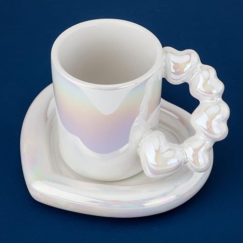 Miniatura 1 de Fseoot Taza de café de cerámica con platillo, 10.1 oz10.1 fl oz linda taza creativa galvanizada con mango de calabaza diseño en forma de corazón