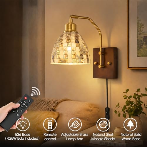 Image of Brass Natural Wood Wall Sconce with Shell Shade, Includes LED Bulb & Remote