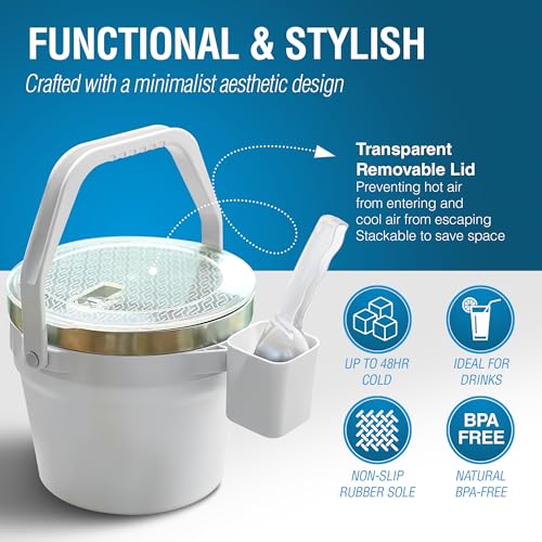 Large Ice Bucket for Parties, Double-Wall Vacuum Insulated Ice Bucket & Lid, Ice Scoop & Holder, Stainless Steel Champagne Bucket, Wine Chiller, Beverage Tub; Bottle Opener (White) - Image 5