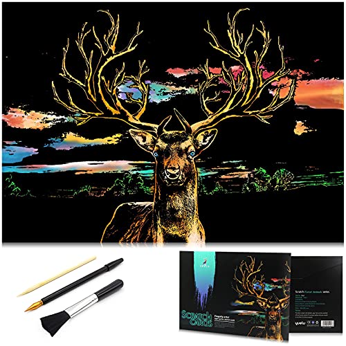 Animal Scratch Art Rainbow Painting Paper, Engraving Art & Craft Sets, Creative Foil Scratch Art Toys Gift, Diy Sketch Card Scratchboard For Kids & Adults, Women - 16'' X 11.2'' With 3 Tools (Deer) #TOP6