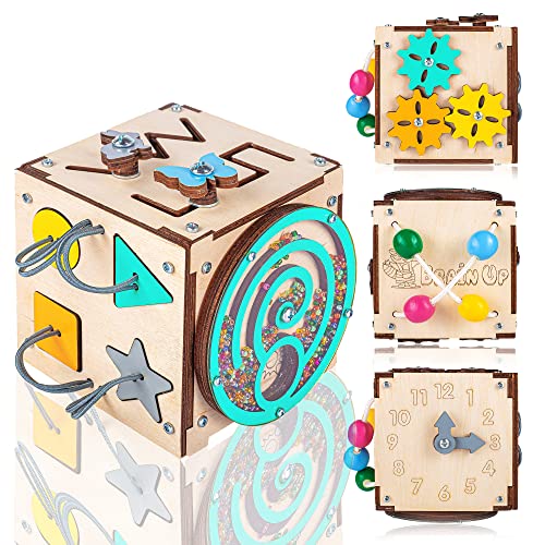 BrainUpToys Busy Activity Cube for Travel Toddlers Kids Children Baby - Busy Board – Wooden Sorter Toy - Montessori Toys Infant - Sensory Board - Learning Basic Life Skill - Time Telling Clock