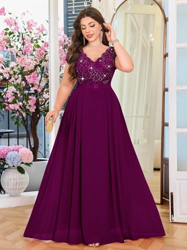 Image of Miusol Women's Plus Size Sequin Floral Lace V Neck Formal Gowns Evening Party Chiffon Maxi Dress