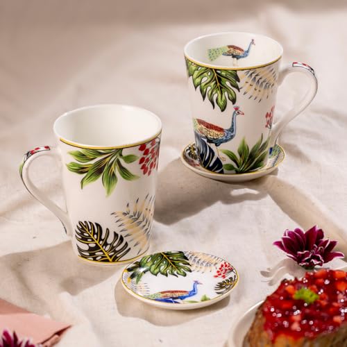 Image of GOLDEN QUEEN'S Mugs & Coaster Set of 2 for Coffee, Tea, Milk - Ideal for Your Daily Beverage Ritual, Hosting & Casual Gatherings | 300ML | Micorwave Safe - Tropical Hues