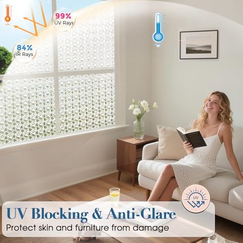 Image of Windimiley Frosted Glass Window Privacy Film, 3D Diamond, 11.8 inch x 78.7 inch | Static Cling No Glue Removable, UV Heat Blocking, Decorative Window Film, Renter Friendly for Bathroom Bedroom Door