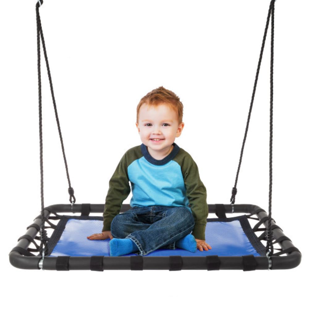 Platform Tree Swing for Kids - Swing Set, Tree Branch, or Playground - 40x30in Rectangular Platform for Kids with Adjustable Rope - Outdoor Activities by Hey Play (Blue/Black)