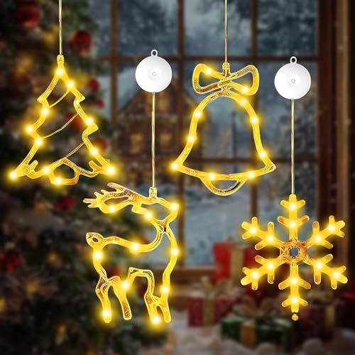 YKHSUAOU Decoración navideña para ventana, iluminación LED de Navidad, 4 unidades de luces LED con ventosas, con ventosas para decoración de Navidad, balcón, fiesta, blanco cálido