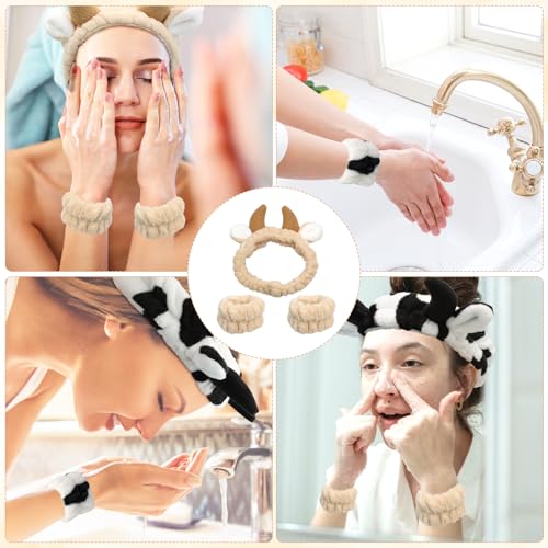 ZOCONE 6 Pcs Cute Makeup Headband Set, Cow Ears Headband Face Wash Wristbands Elastic Skincare Headband, Animal Headband Cow Face Wash Headband for Women Creative Hair Accessories for Beauty Sports - Image 8