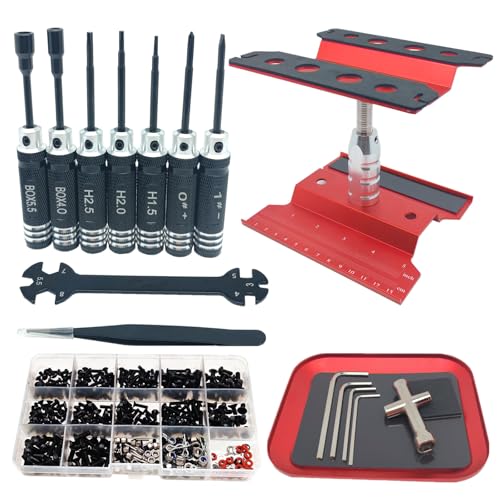 RC Car Repair Work Stand Repair Tool Set 360 Degree Rotation and 524PCS RC Screws Kit & RC Screwdrivers and Screws Pallet for 1/8 1/10 1/12 1/16 1/18 RC Crawler Truck Buggy Vehicle Scale Accessories