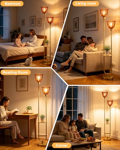 Image of Lightdot 2-Lights Glass Floor Lamp with Table Modern Gold Standing Tall Lamps with Pomegranate Red Glass Shade, LED Floor Lamp with Foot Switch for Living Room Bedroom Home Decor (Bulbs Included)