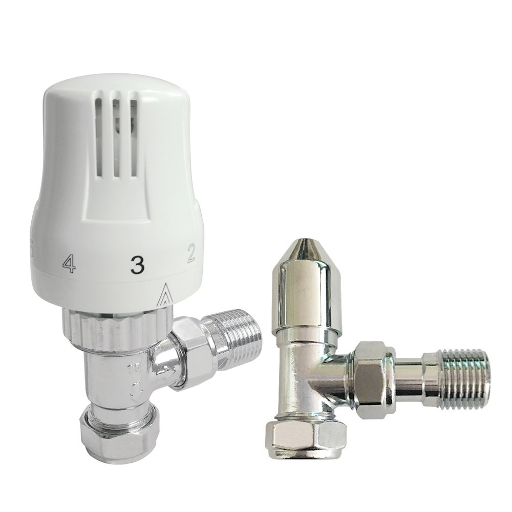 Premium 15 mm x ½ Blanco y Cromado Toallero termostático en ángulo Válvula de radiador de diseñador Grifos de calefacción Central con válvula en ángulo Manual Gratuita