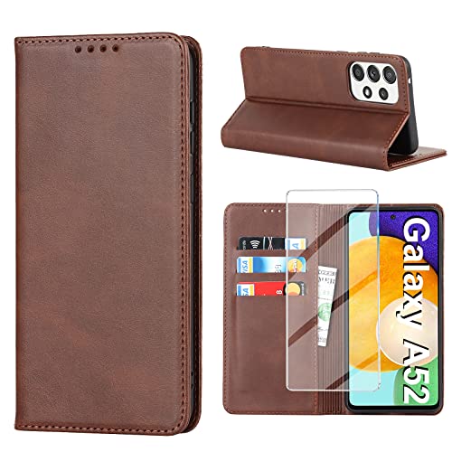 Étui pour Samsung Galaxy A52S 5G en cuir marron avec verre blindé