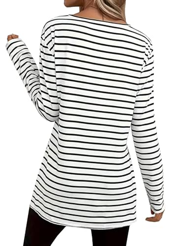 LilyCoco Womens Striped Shirt Casual Long Sleeve T Shirt Side Slit Tees2