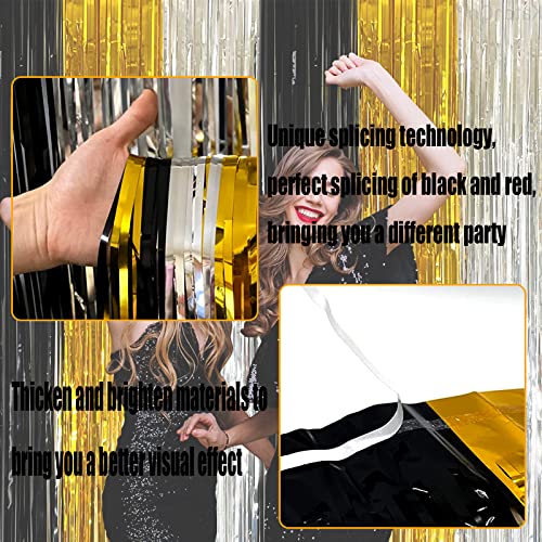 Image of 4 Pack Black Gold Silver Foil Fringe Curtain Backdrop, 3.28Ft x 8.2Ft Metallic Tinsel Foil Fringe Streamers for Photo Booth, Wedding, Notorious One Birthday Roaring 20s Graduation Party Decoration