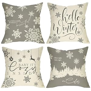 Hello Winter Grey White Decorative Throw Pillow Cover 18×18 Set of 4, Baby It’s Cozy Inside Christmas Snowflake Home Decorations, Pine Tree Holiday Reindeer Farmhouse Cushion Case Decor for Couch