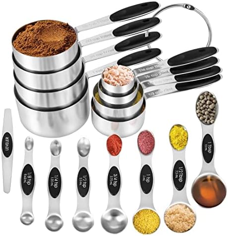 KELOFKO 16 Pieces Measuring Cups and Magnetic Measuring Spoons Set Stainless Steel,8 Measure Cups with Silicone Handle and 7 Double Sided Magnetic Measure Spoons & 1 Leveler