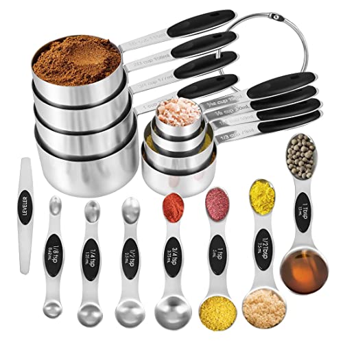 KELOFKO 16 Pieces Measuring Cups and Magnetic Measuring Spoons Set Stainless Steel,8 Measure Cups with Silicone Handle and 7 Double Sided Magnetic Measure Spoons & 1 Leveler by KELOFKO - Used condition - US$20.23