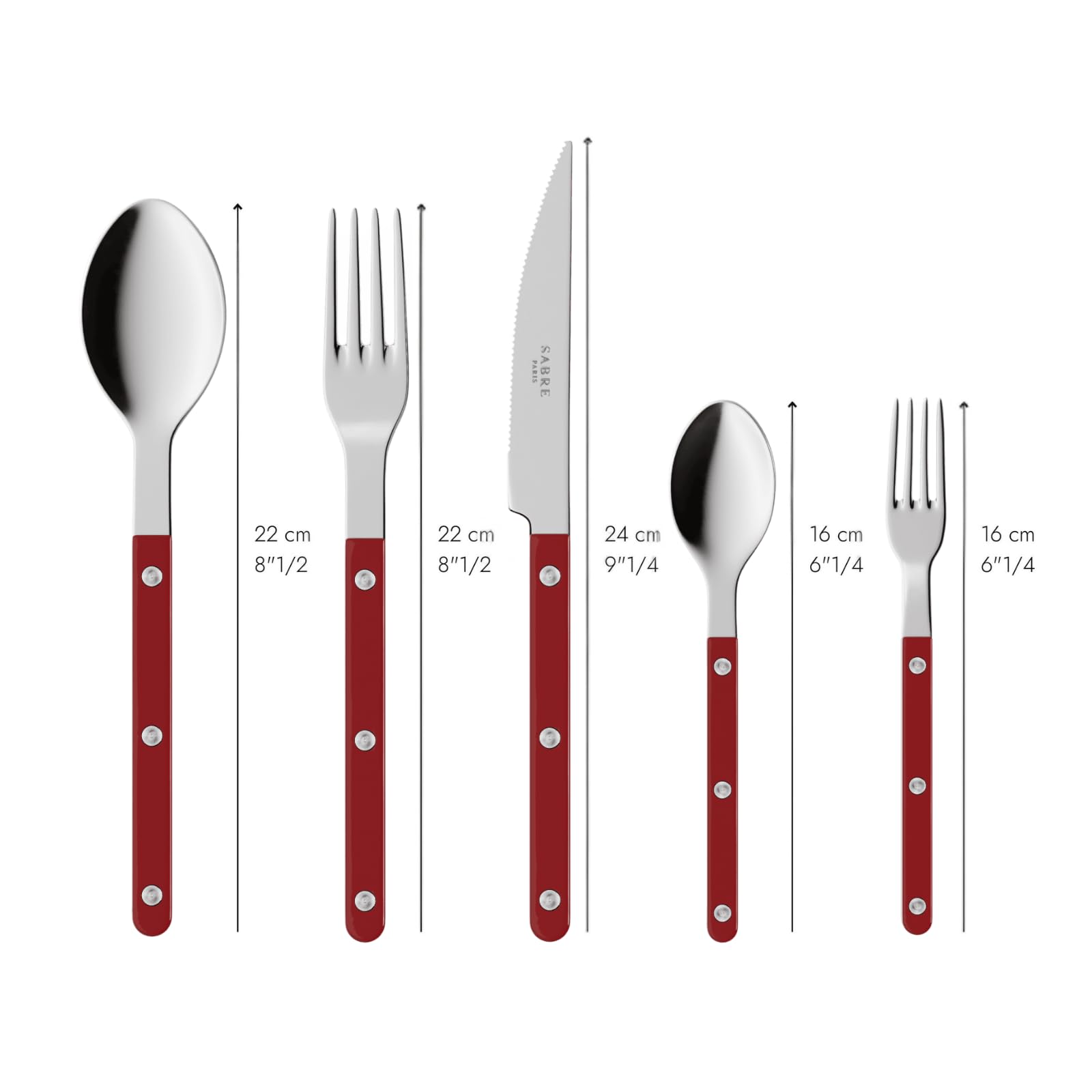 SABRE PARIS - Tafelbesteck, 5-teilig - Bistrot - Messer, Gabel, Esslöffel, Teelöffel & Kuchengabel - Edelstahl & Nylon - Spülmaschinenfest - Burgunderrot