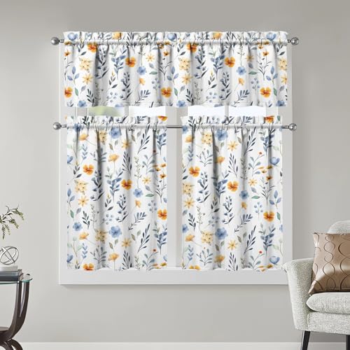 Image of Floral Kitchen Curtains 3 Piece Set Tier Valance Window Decor