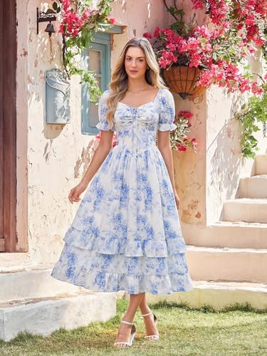Image of Scarlet Darkness Women Floral Maxi Dress Puff Sleeve Tea Party Corset Dress | Pockets, Ruched Bust, Ruffled Hem, for Cottagecore Fairy Milkmaid Vacation