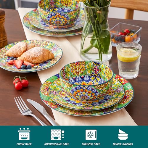 Image of vancasso 12 Pieces Dinnerware Sets, Green Plates and Bowls Set, Porcelain Dishes Set for 4, Microwave and Dishwasher Safe, Scratch Resistant, Bohemian Style Dining Ware Service for 4, Series SIMI