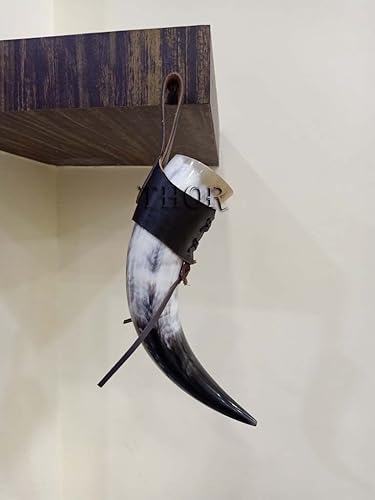 Miniatura 2 de Bocina mediana aproximadamente 12 onzas medievales de vikinga con soporte de cuero negro decoraciones de Halloween