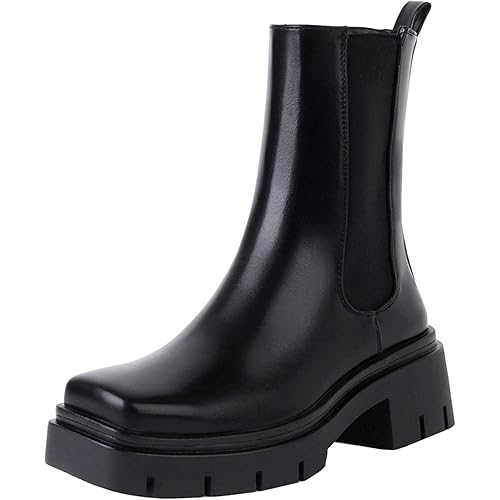 vivianly Women's Chunky Platform Chelsea Boots Mid Calf Boots Square Toe Pull-on Ankle Booties