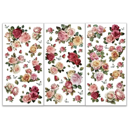 OLYCRAFT 3 pegatinas de flores, coloridas, rosas, 15 x 30 cm, para muebles y manualidades, impermeables, PVC, floral, rectangulares, interiores, pegatinas