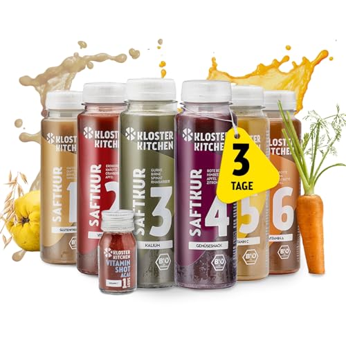 Kloster Kitchen Bio Saftkur 3 Tage I 18x 250ml Säfte + 3x 30ml Ingwer Shot I Fastenkur Vegan 6 Geschmacksrichtungen I 592 kcal pro Tag | Reich an Vitaminen | Kur Guide mit Tipps (4,50€ EINWEG Pfand)