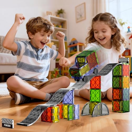 Image of Magnetic Downhill Racer Set 40-Piece with Car & Tracks, STEM Magnetic Tiles Building Toys for Kids Ages 3-8, Montessori Learning Toys with Reinforced Slopes & Loop Pieces