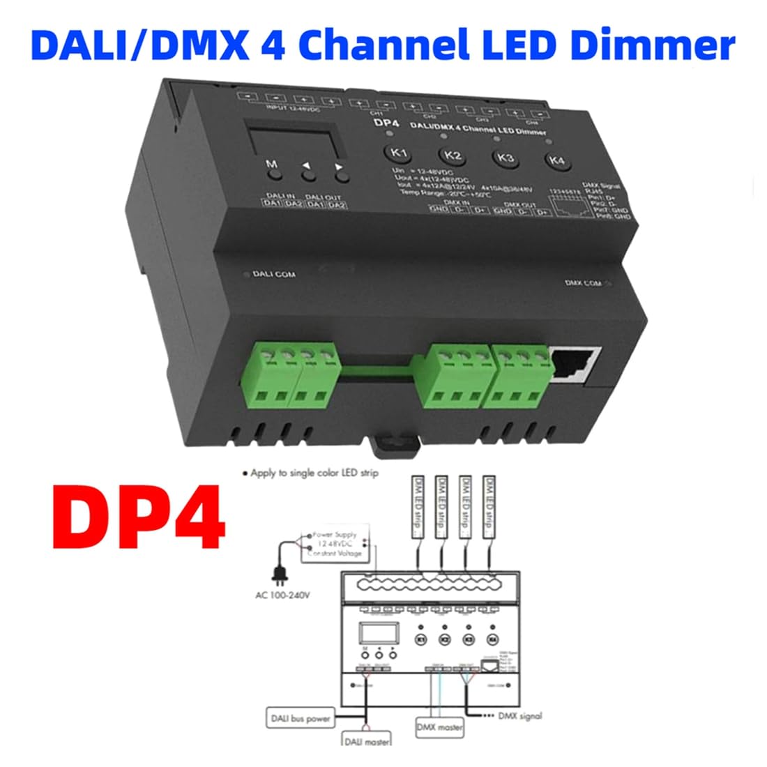 Variateur LED de Tension DP4 Prend en Charge DT6 DT8 DMX8/16Bit pour Bande LED Monochrome/CCT/RGB/RGBW.
