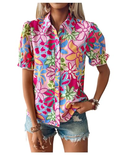 SweatyRocks Women's Floral Print Button Down Blouse Ruffle Short Puff Sleeve Boho Tops