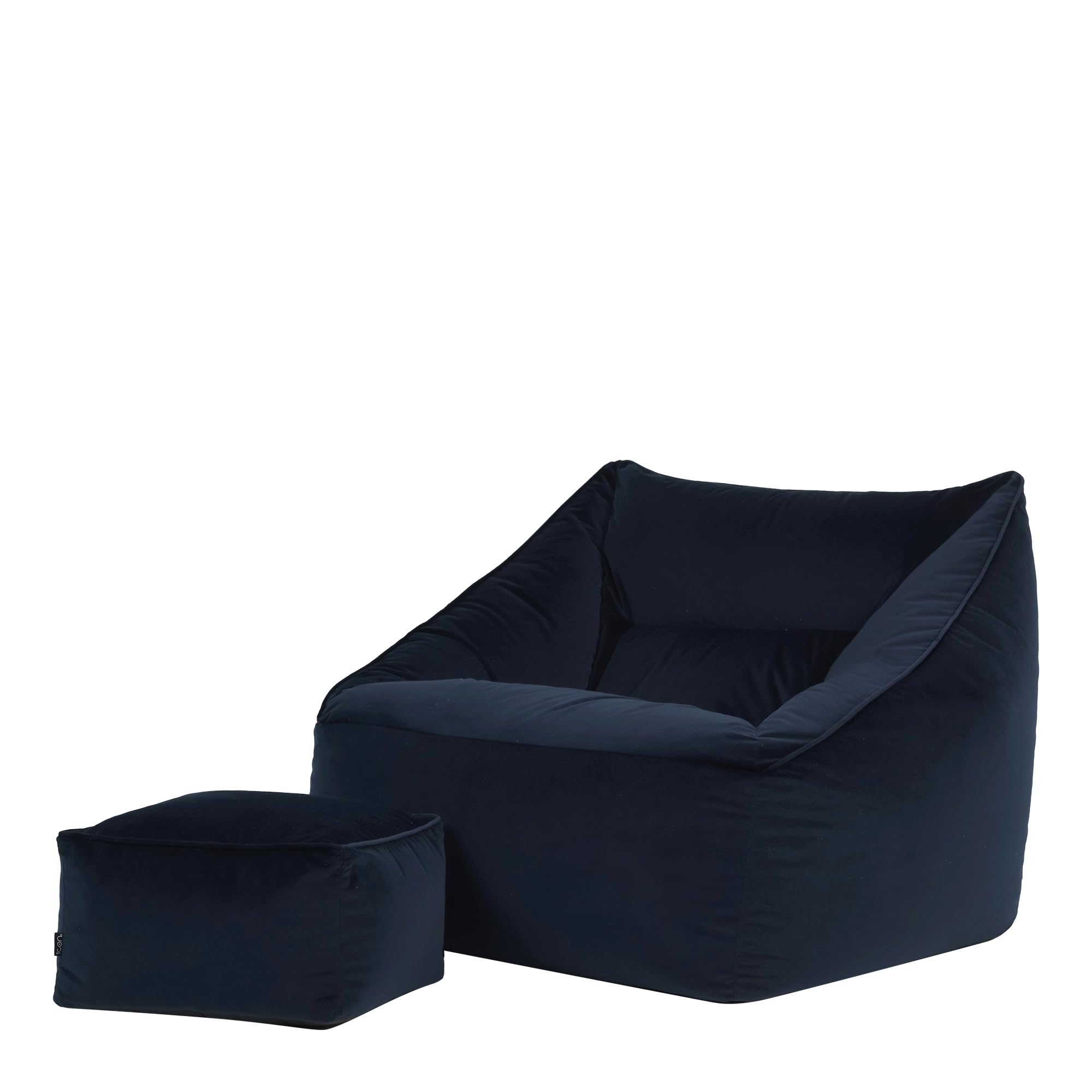 Icon Natalia Sitzsack Sessel mit Hocker für Erwachsene, Dunkelblau, Flauschiger Samtstoff, Riesen Sitzsack Samt mit Füllung, Bean Bag Chair, Bequemer Sessel Wohnzimmer, Lounge, Schlafzimmer, Büro
