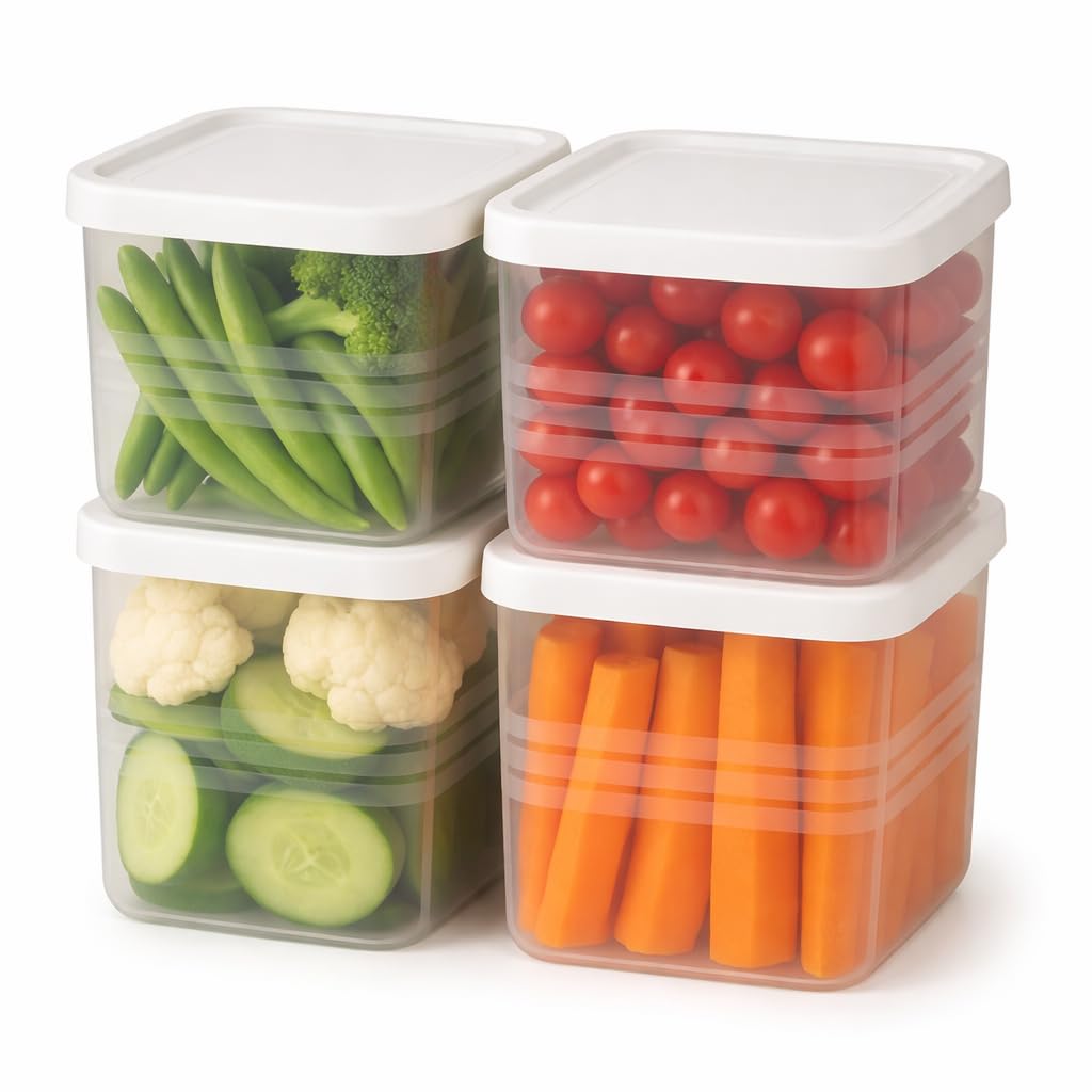 DICHOT Fridge Storage Containers Set of 4 | Clear Plastic Food Storage Boxes with Lids | Stackable Refrigerator Organizer for Vegetables, Fruits & Meal Prep | BPA Free Kitchen Containers