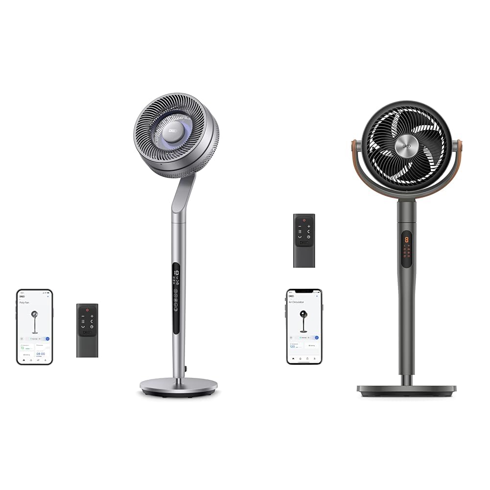 DreoPedestal Fans with Remote, 40-44" & 43" Height, 120°+ Oscillating, 100ft Airflow, 10 Speeds, 6 Modes, 12H Timer, 23-25db, Wi-Fi/Voice Control
