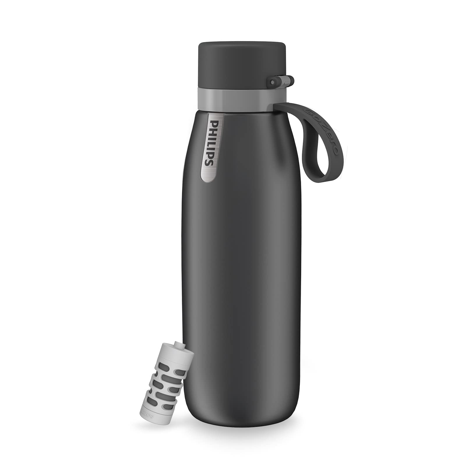 PHILIPS Water GoZero Everyday Insulated Stainless Steel Water Bottle Everyday Tap Water Filter BPA Free Transform Tap Water into Healthy Tastier Water Keep Drink Hot/Cold, 32 oz, Grey