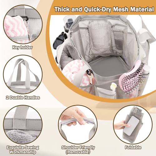 PARIERIS Mesh Shower Caddy Portable for College Dorm Room Essentials with 8 Pockets, Hanging Caddy Dorm Basket, Quick Dry Shower Bag for Bathroom (Grey, 1Pack) — view 3