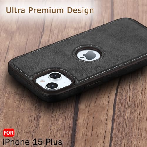 Image of TheGiftKart Genuine Leather Finish Back Cover Case for iPhone 15 Plus | Shockproof Design | Raised Edges for Camera & Screen Protection | Stunning Minimalist Design Case Cover (Black Sides, Black)