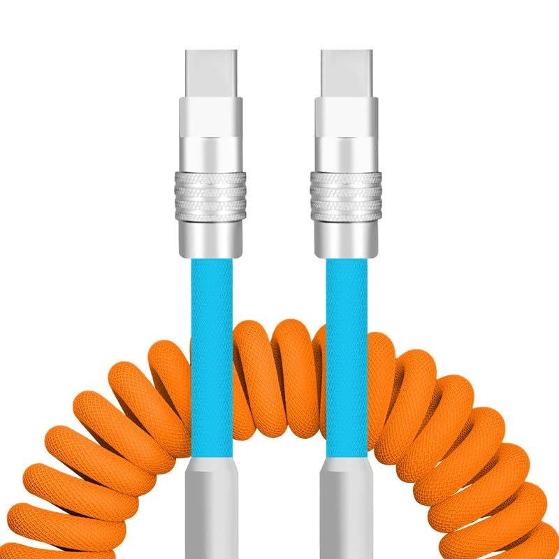 Curly Chubby New Spring Charge Cable Spiral Braid Fast Charging Cable Phones Tablet Coiled USB C Charger Cable Cord USB-C to USB A Cable, Orange+Light Blue, Type-C to Type-C, 2.29FT-3.6FT Orange+Light Blue Type C-Type C