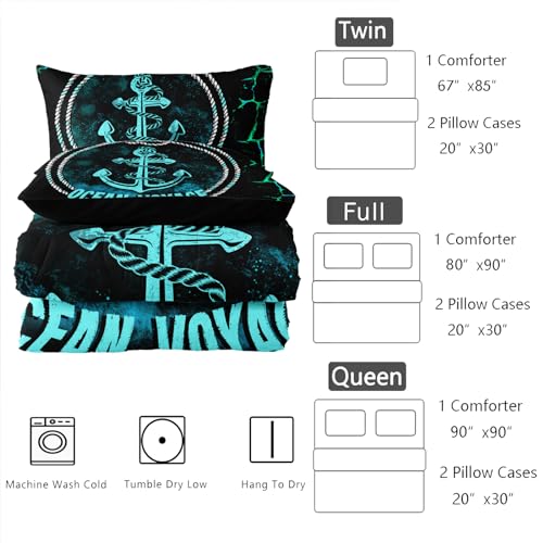 KTAbedding Nautical Themed Ocean Bedding Set Twin Size, Black and Blue Starfish Rudder Bedding Sets for Boys Girls Bedding Set Black and Blue Bedroom 1 Comforter ＆ 2 Pillowcases by KTAbedding - Image 5