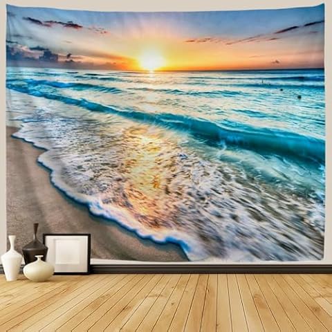 IcosaMro Beach Tapestry Wall Hanging, Ocean Sunset Sea Beach Wave Landscape Scenery Nature Wall Decorations Bohemian Home Decor for Bedroom, Dorm, College, Living Room, 60x82.7 Inches, Blue Cover