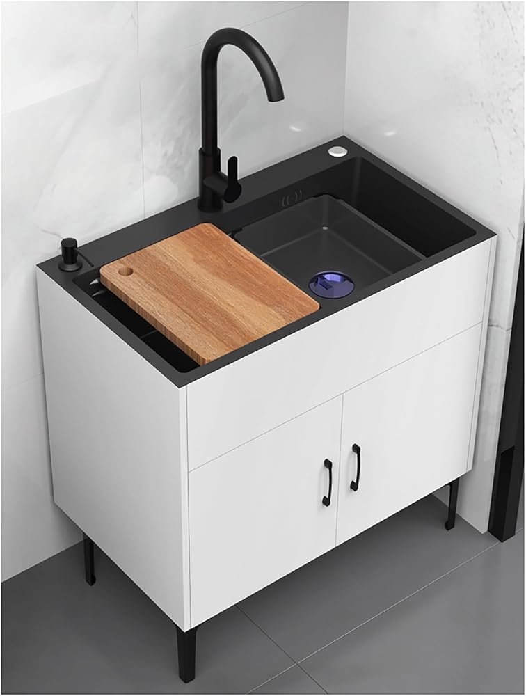 Armario de cocina comercial con fregadero de lavandería y grifos extraíbles, suministro de agua fría y caliente, diseño que ahorra espacio para uso doméstico y comercial, construcción duradera