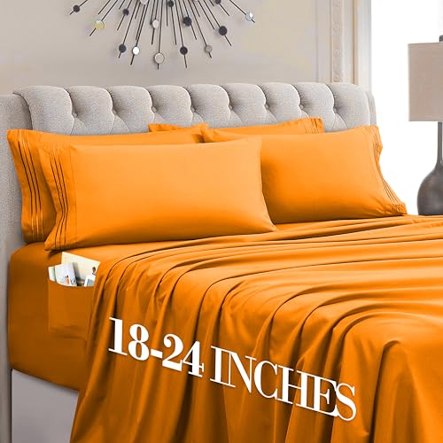 Image of Mocassi Luxury 4-Piece Sheet Set, Ultra Soft 1800 Premium Hotel Quality Microfiber Sheet Set, Fits Mattresses Up to 18 to 24 Inches Extra Deep Pocket - Breathable and Secure Fit, Twin XL, Orange