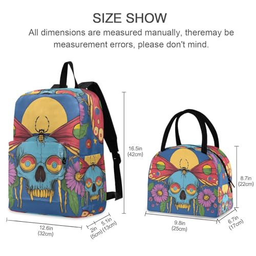 Backpack Lunch Box Set Large Capacity Travel Backpacks and Insulated Lunch Bag for Commute Hiking Picnic Hippie Skull Butterfly Print2