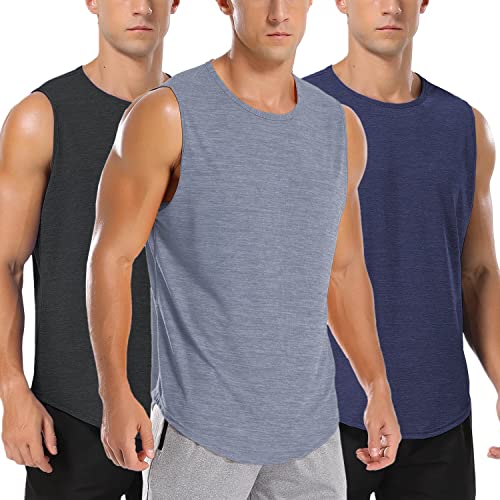 Amussiar Men's 3 Pack Workout Tank Tops Mesh Gym Sleeveless Dry Fit Bodybuilding Shirts Fitness Athletic Muscle Tee