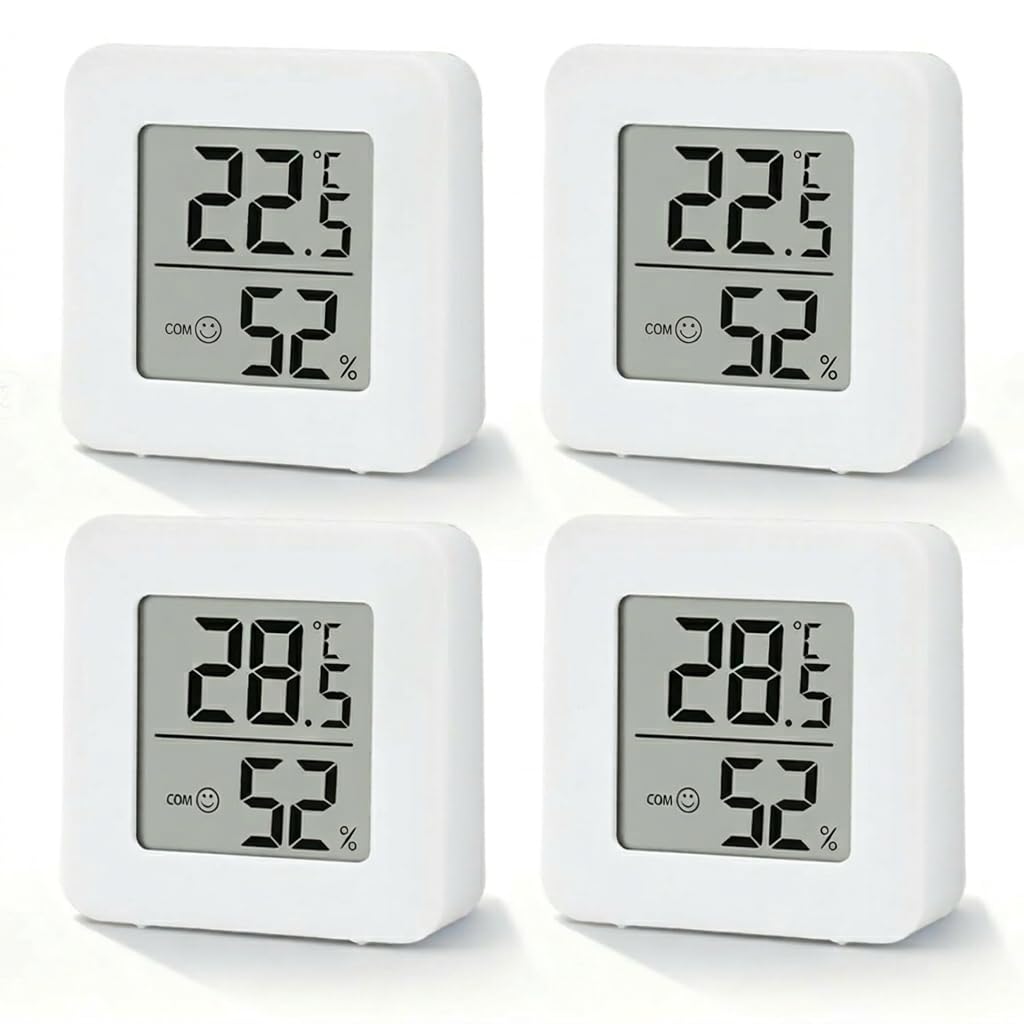 4 Pcs Digital Room Thermometer Hygrometer Indoor, Mini Temperature and Humidity Meter with Comfort Face Display, White Compact Room Temperature Monitor for Home Office Bedroom Living Space