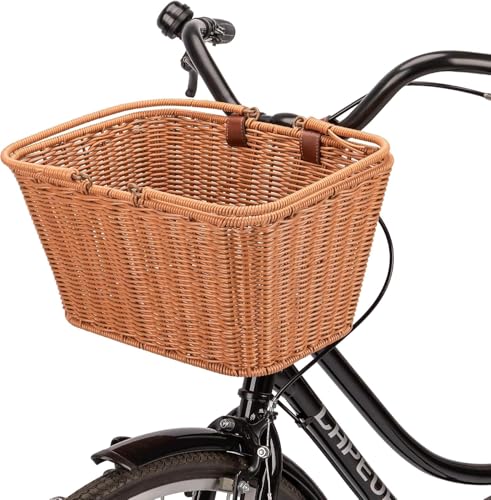 CXWXC Panier de vélo – Panier Avant Durable – Panier de vélo en Osier tressé Fait Main avec Sangles réglables en Cuir végane (Brun)