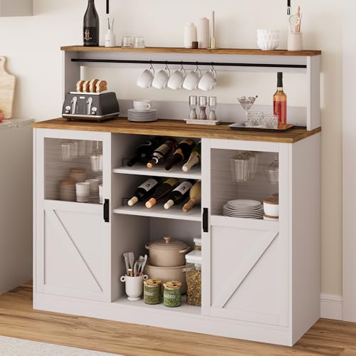 Farmhouse White Bar Cabinet with Acrylic Doors, Coffee & Wine Storage, Open Shelves, Cup Hooks...