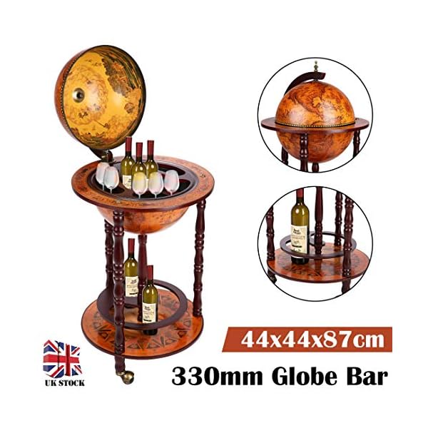 hfghsgjbgd Globe Shaped Mini Wine Bar Drink Cabinet, Movable Double Deck Storage TrolleyWine Bottle Stand, Wooden Mini Bar with Table Drinks Cabinet - Image 3
